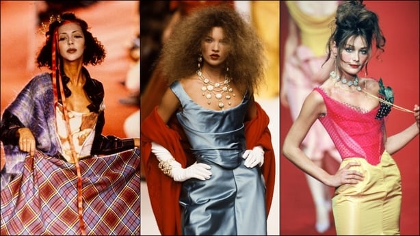 A collage of three models wearing corsets by Vivienne Westwood