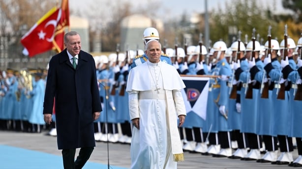 Turkish President Recep Tayyip Erdogan welcomes Pope Leo with an official welcoming ceremony at Presidential Complex in Ankara