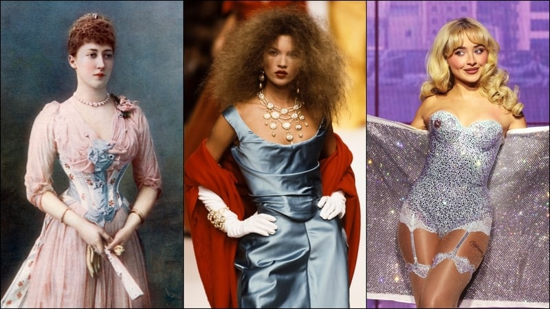 The evolution of the corset: Princess Louise, late 19th-early 20th century; Kate Moss modelling for Vivienne Westwood in 1995; Sabrina Carpenter on tour in 2024.