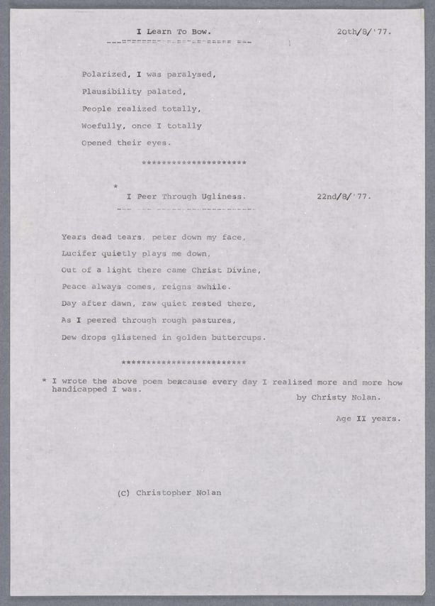 A script of Christy Nolan's earliest poems - pic - Emma O'kelly - RTE