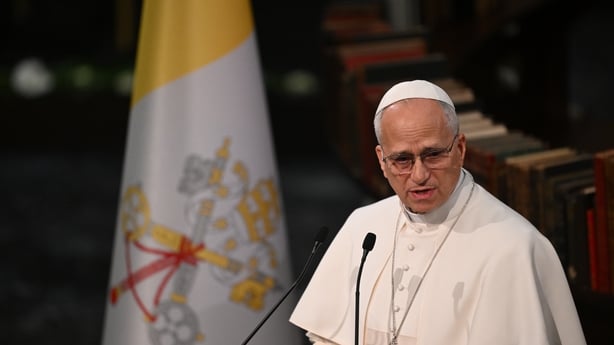 Pope Leo XIV makes a speech at Cihannuma Hall of the Presidential National Library in Turkey