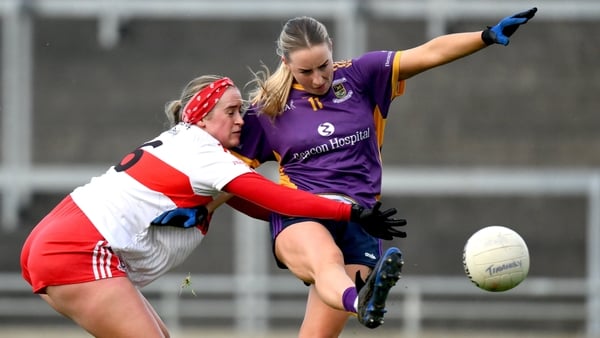 9 November 2025; Ailbhe Davoren of Kilmacud Crokes in action against Aine Byrne of Tinahely during the AIB Leinster LGFA Senior Club Championship Final between Tinahely of Wicklow and Kilmacud Crokes of Dublin at Glenisk O'Connor Park in Tullamore, Offaly