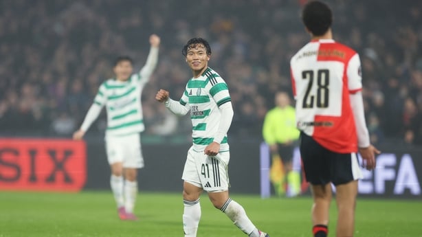 Reo Hatate of Celtic after scoring against Feyenoord in Europa League, November 2025 
