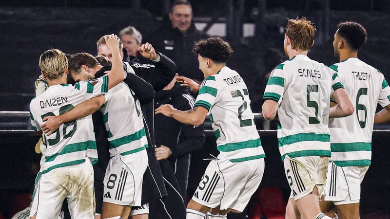 Benjamin Nygren is mobbed scoring Celtic's third goal