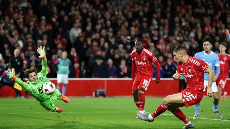 Nikola Milenkovic slams home Forest's third goal