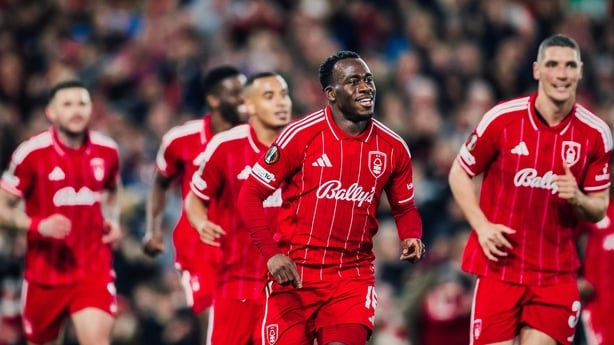 Arnaud Kalimuendo of Nottingham Forest celebrates scoring the second goal during the UEFA Europa League 2025/26 League Phase MD5 match between Nottingham Forest FC and Malmo FF at City Ground on November 27, 2025 in Nottingham, England. 