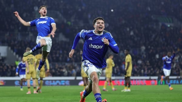 Samir El Mourabet of Strasbourg scores against Crystal Palace in 2025-26 Conference League