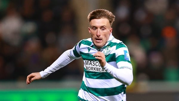 Danny Grant of Shamrock Rovers in action against Isaque of Shakhtar during the UEFA Conference League 2025/26 league phase match between Shamrock Rovers and Shakhtar at Tallaght Stadium in Dublin