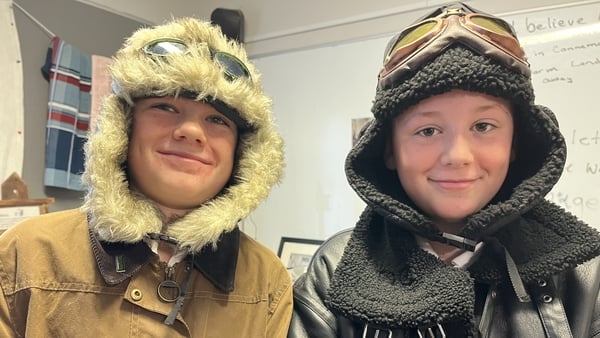 Photo shows Ethan Conroy and Harry McCallion dressed as Alcock and Brown