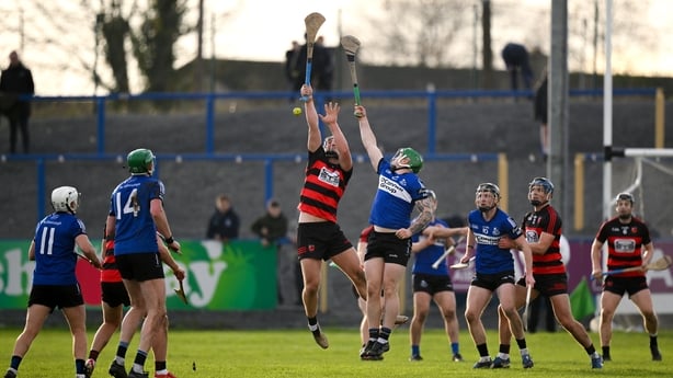 16 November 2025; Tadhg Foley of Ballygunner and James O'Leary of Sarsfields contest a dropping ball during the AIB Munster GAA Hurling Senior Club Championship semi-final match between Ballygunner and Sarsfields at Azzurri Walsh Park in Waterford. Photo by Brendan Moran/Sportsfile