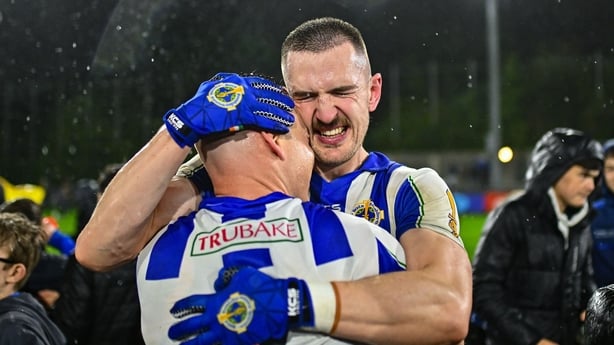 18 October 2025; Ballyboden St Enda's players Cein Darcy, behind, and Cathal Flaherty celebrate after their side's victory in the Dublin County Senior Club Football Championship final match between Ballyboden St Enda's and Na Fianna at Parnell Park in Dublin. Photo by Piaras Ó Mídheach/Sportsfile