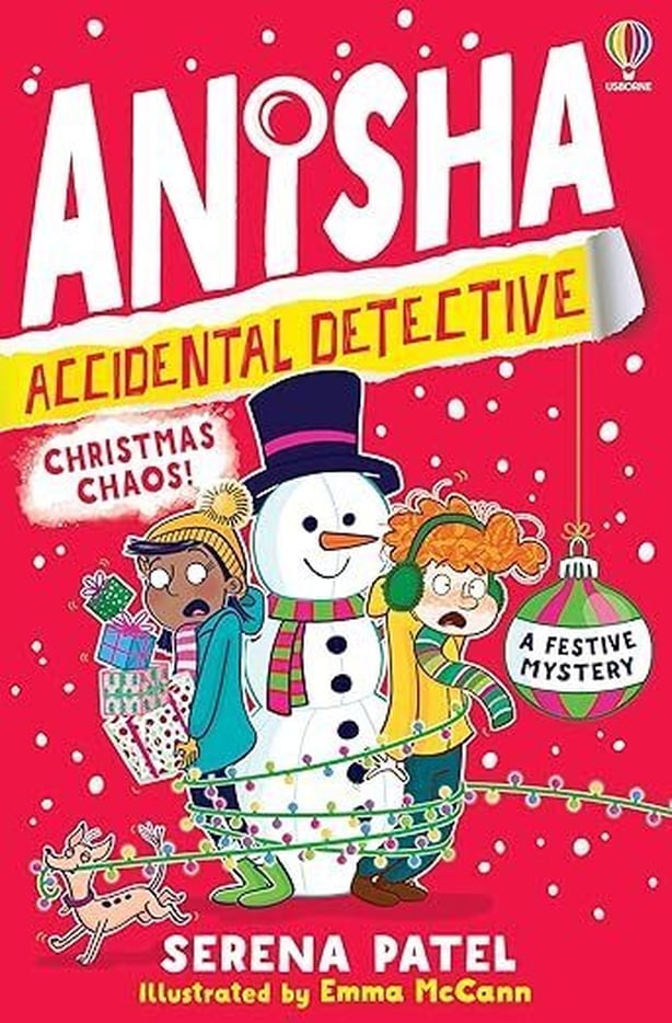 A red book cover with a snowman and two young people with the text Anisha Accidental Detective Christmas Chaos
