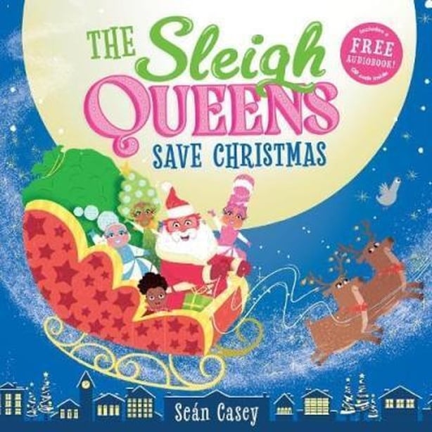 A book cover with a drawing of Santa on the the sleigh and text The Sleigh Queens Save Christmas