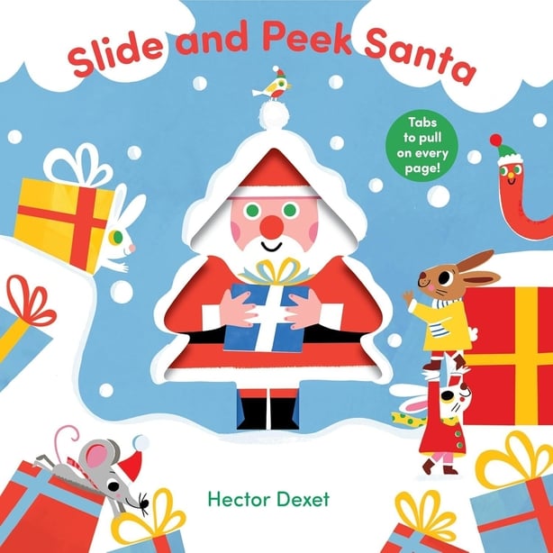 A book cover with Santa surrounded by little creatures and text Slide and Peek Santa