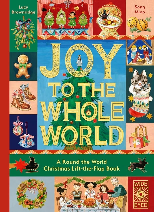 A book cover with small Christmas characters on the border and text Joy to the Whole World