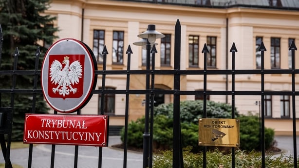 Constitutional Court of Poland sign and building is seen amid legal chaos caused by a legal disagreement between current and former government