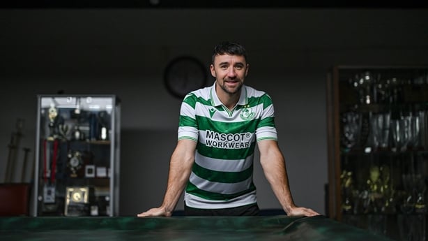28 November 2025; Shamrock Rovers new signing Enda Stevens poses for a portrait during his unveiling at the Roadstone Group Sports Club in Dublin. Photo by Stephen McCarthy/Sportsfile
