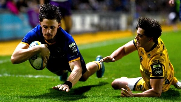 28 November 2025; Joshua Kenny of Leinster scores his second, and his side's third try, during the United Rugby Championship match between Dragons and Leinster at Rodney Parade in Newport, Wales. Photo by Brendan Moran/Sportsfile