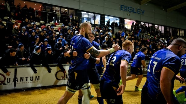 28 November 2025; RG Snyman of Leinster, left, celebrates with team-mate Alex Soroka after scoring their side's fourth try during the United Rugby Championship match between Dragons and Leinster at Rodney Parade in Newport, Wales. Photo by Brendan Moran/Sportsfile
