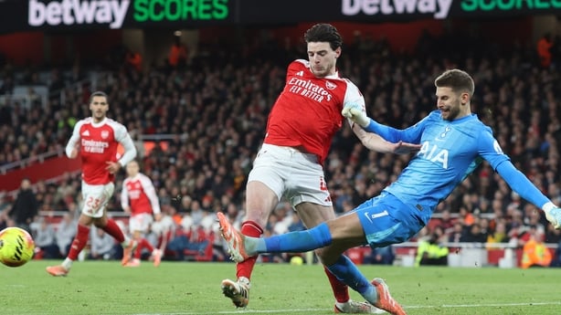 LONDON, ENGLAND - NOVEMBER 23: Declan Rice of Arsenal comes close to intercepting Tottenham Hotspur goalkeeper Guglielmo Vicario during the Premier League match between Arsenal and Tottenham Hotspur at Emirates Stadium on November 23, 2025 in London, England. (Photo by Charlotte Wilson/Offside/Offsi
