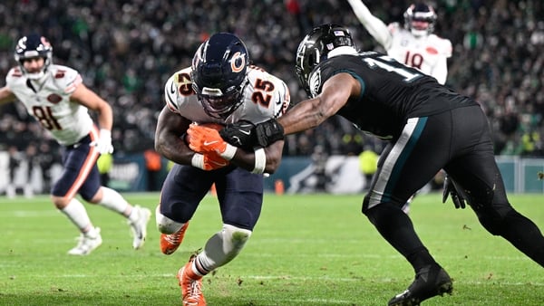 PHILADELPHIA, PA - NOVEMBER 28: Chicago Bears running back Kyle Monangai #25 scores a touchdown during the game between the Chicago Bears and the Philadelphia Eagles on November 28th, 2025 at Lincoln Financial Field in Philadelphia, PA. (Photo by Terence