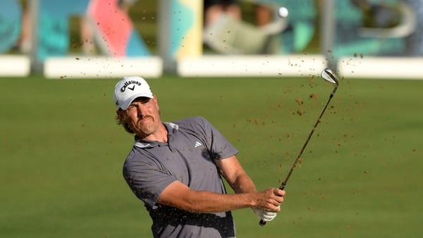 Anthony Quayle plays a bunker shot at the 18th hole at Royal Queensland Golf Club