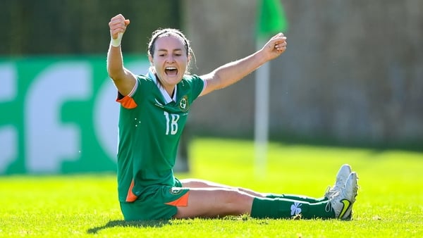 29 November 2025; Kyra Carusa of Republic of Ireland celebrates after scoring their side's second goal during the women's international friendly match between Republic of Ireland and Hungary at Marbella Football Centre in Marbella, Spain. Photo by Stephen
