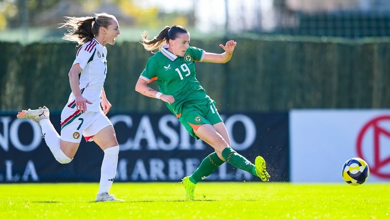Abbie Larkin fires home Ireland's opener against Hungary