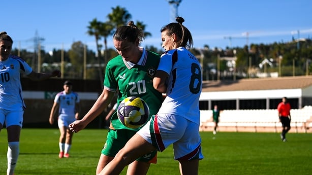 29 November 2025; Saoirse Noonan of Republic of Ireland and Viktoria Szabo of Hungary during the women's international friendly match between Republic of Ireland and Hungary at Marbella Football Centre in Marbella, Spain. Photo by Stephen McCarthy/Sportsfile