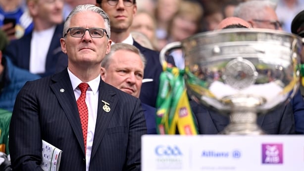 Dublin , Ireland - 27 July 2025; Uachtarán Chumann Lúthchleas Gael Jarlath Burns during the GAA Football All-Ireland Senior Championship final match between Kerry and Donegal at Croke Park in Dublin. (Photo By Ramsey Cardy/Sportsfile via Getty Images)