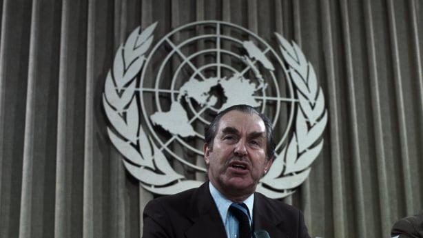 (Original Caption) United Nations, NY: Israeli U. N. Ambassador Chaim Herzog tells news conference here the United Nations has become "the world center of anti-Semitism" and that the U. N. Security Council violated the U. N. charter by inviting the Palestine Liberation Organization (PLO), to take pa