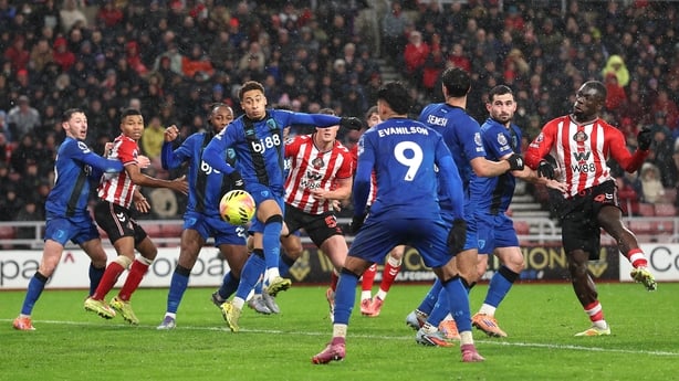 SUNDERLAND, ENGLAND - NOVEMBER 29: Brian Brobbey of Sunderland (r) scores the winning goal during the Premier League match between Sunderland and Bournemouth at Stadium of Light on November 29, 2025 in Sunderland, England. (Photo by Stu Forster/Getty Images)