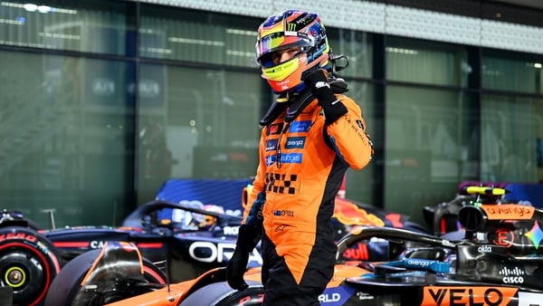 LUSAIL CITY, QATAR - NOVEMBER 29: Pole position qualifier Oscar Piastri of Australia and McLaren celebrates on arrival in parc ferme during qualifying ahead of the F1 Grand Prix of Qatar at Lusail International Circuit on November 29, 2025 in Lusail City,