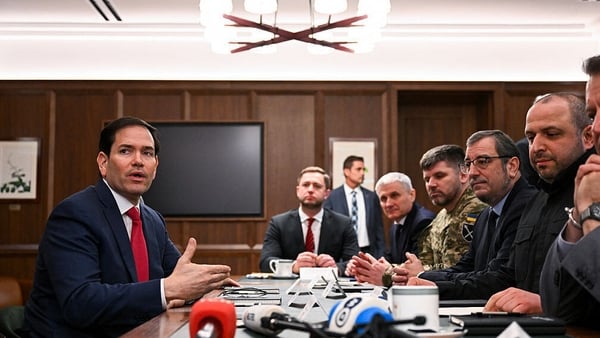 US Secretary of State Marco Rubio (L) speaks during a meeting with Ukrainian officials