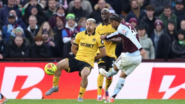 Aston Villa's Boubacar Kamara shoots to score the only goal of the game against Wolves