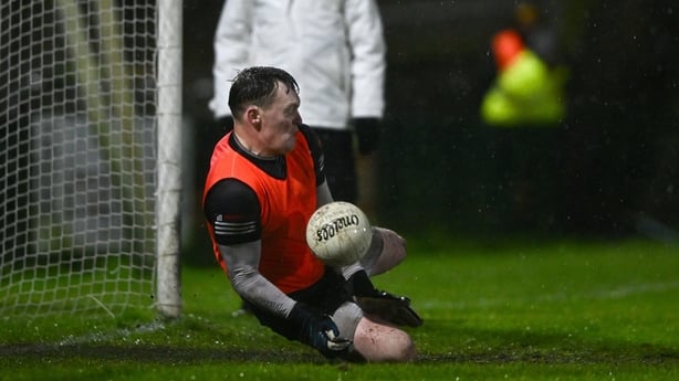 30 November 2025; Scotstown goalkeeper Rory Beggan saves a penalty in the penalty shootout of the AIB Ulster GAA Football Senior Club Championship semi-final match between Scotstown and Newbridge at BOX-IT Athletic Grounds in Armagh. Photo by Ben McShane/Sportsfile