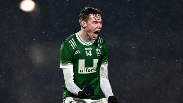 30 November 2025; Sean Young of Newbridge celebrates after kicking a two-point score during the AIB Ulster GAA Football Senior Club Championship semi-final match between Scotstown and Newbridge at BOX-IT Athletic Grounds in Armagh. Photo by Ben McShane/Sportsfile