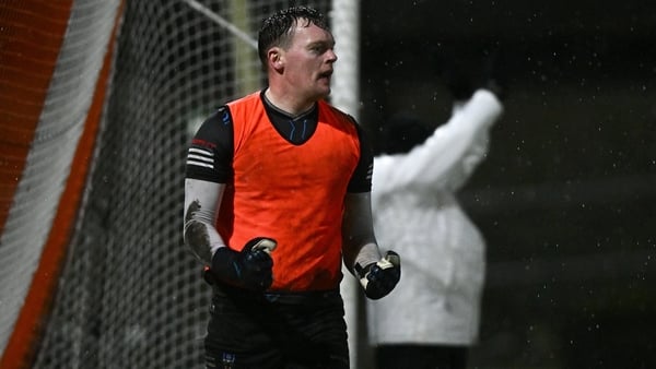 30 November 2025; Scotstown goalkeeper Rory Beggan celebrates after saving a penalty in the penalty shootout of the AIB Ulster GAA Football Senior Club Championship semi-final match between Scotstown and Newbridge at BOX-IT Athletic Grounds in Armagh. Pho