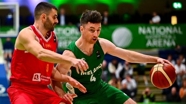 30 November 2025; Adrian O'Sullivan of Ireland in action against Andrej Magdevski of Macedonia during the FIBA EuroBasket 2029 Pre-Qualifiers Group A match between Ireland and North Macedonia at the National Basketball Arena in Dublin. Photo by Shauna Cli