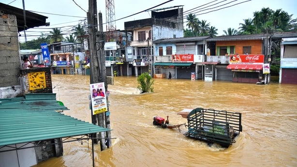 Waterlogged streets in Kaduwela, on the outskirts of Colombo, on November 29, 2025, after heavy rains from Cyclone 'Ditwah' cause widespread flooding (Photo by Krishan Kariyawasam/NurPhoto via Getty Images).