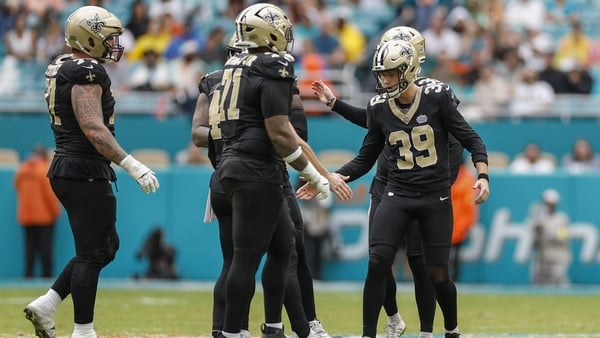 Charlie Smyth (39) reacts after kicking a field goal during the game between the New Orleans Saints and the Miami Dolphins on November 30, 2025 at Hard Rock Stadium in Miami Gardens, Fl.