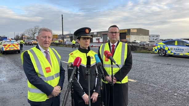 Assistant Commissioner Catharina Gunne speaking along side Minister of State at the Department of Transport Seán Canney and Chief Executive of the Road Safety Authority Sam Waide 