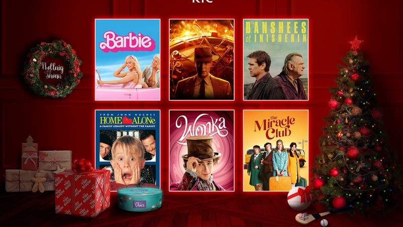 Clockwise from top left: Barbie, Oppenheimer, The Banshees of Inisherin, The Miracle Club, Wonka and Home Alone