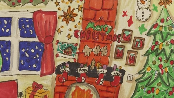 A child's drawing of a room with a fireplace with a Christmas tree and decorations.