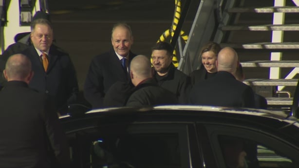 Volodymyr Zelensky and Olena Zelensky meet Micheál Martin after arriving at Dublin Airport