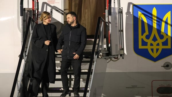 Ukraine's President Volodymyr ZelenskY and Ukraine's First Lady, Olena Zelenska disembark at Dublin Airport.
