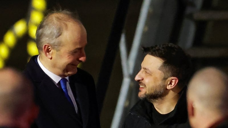 Taoiseach Micheál Martin speaks to Ukrainian President Volodymyr Zelensky at Dublin Airport