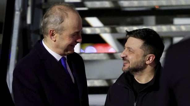 Photo shows Taoiseach Micheál Martin welcoming President Volodymyr Zelenskyy of Ukraine at Dublin Airport ahead of an official visit to Ireland
