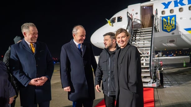 Photo shows Taoiseach Micheál Martin welcoming President Volodymyr Zelenskyy of Ukraine at Dublin Airport ahead of an official visit to Ireland