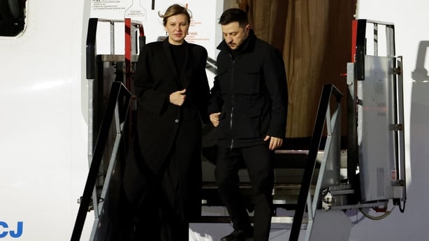 Ukrainian President Volodymyr Zelenskyy and first lady Olena Zelenska arrive for an official Irish state visit at Dublin Airport